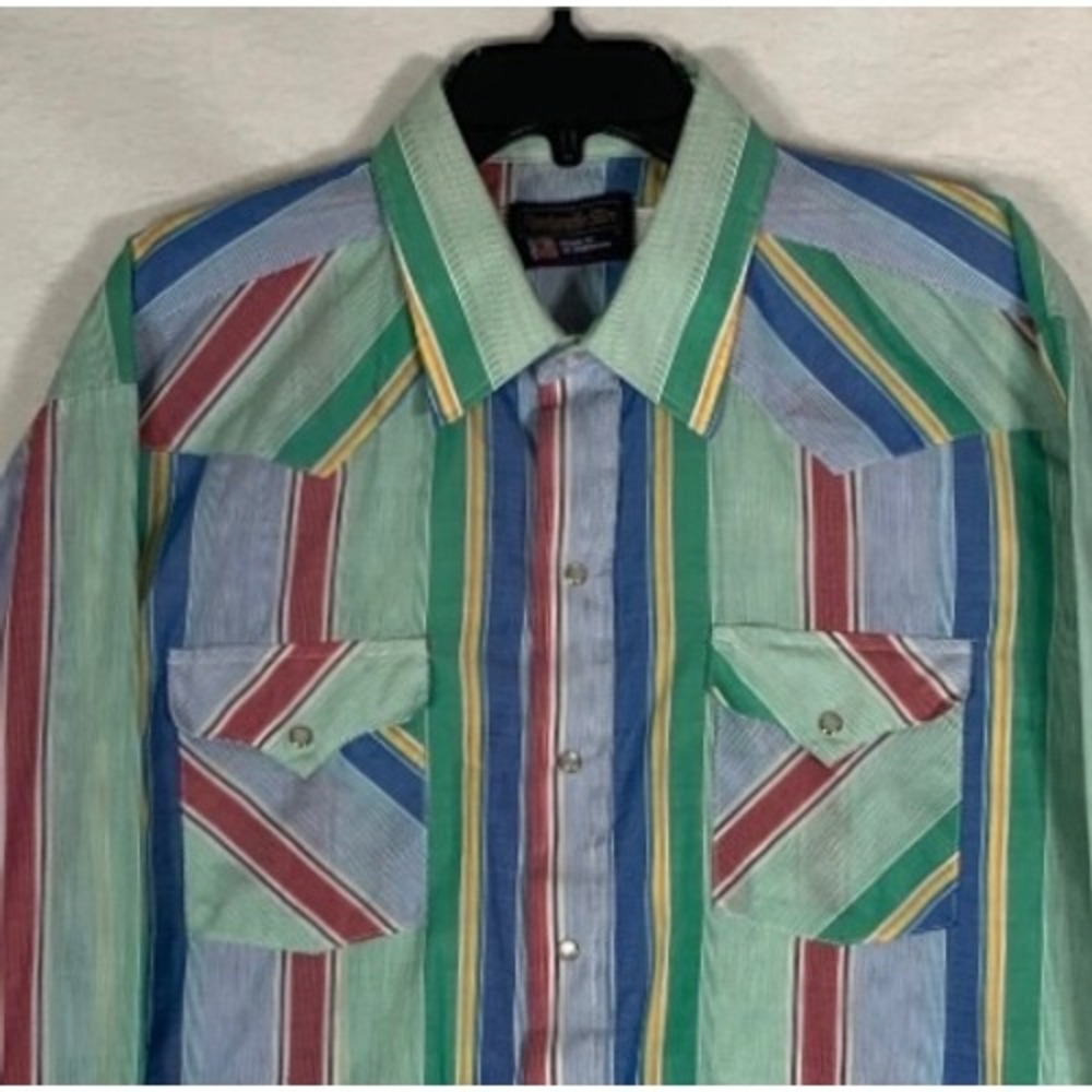 VTG Panhandle Slim Western Pearl Snap Shirt Mens‎ 18-34 Green Striped Made USA